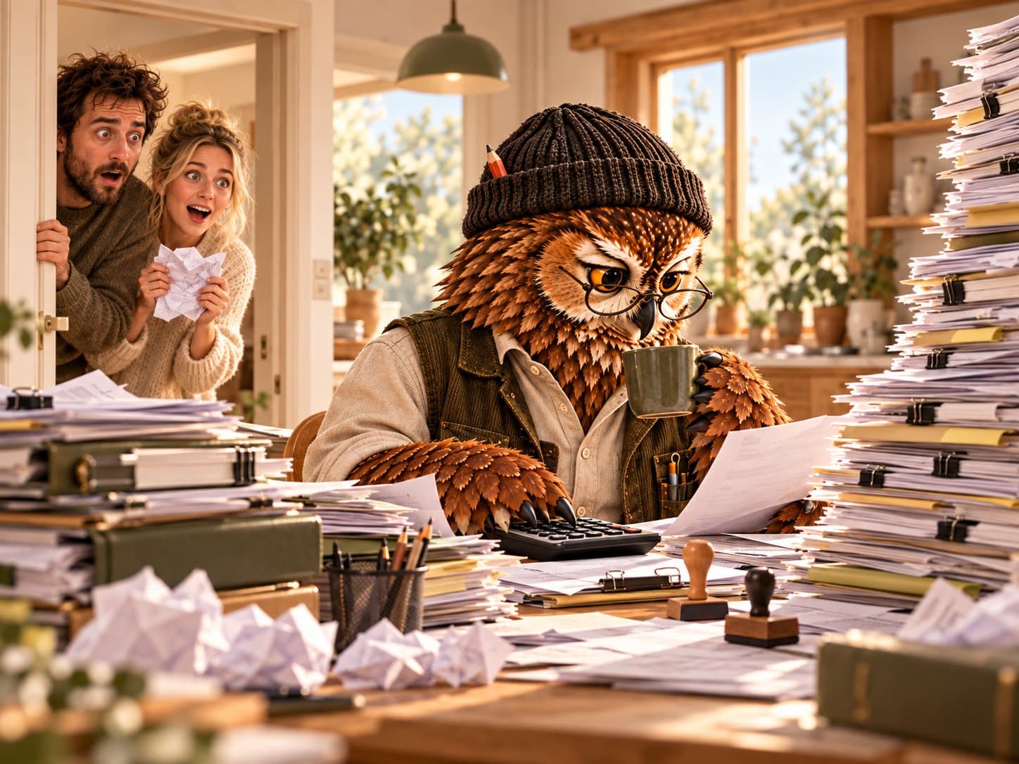 FK-Ugglan sitter vid skrivbordet bland pappershögar och miniräknare medan paret kikar fram bakom dörren