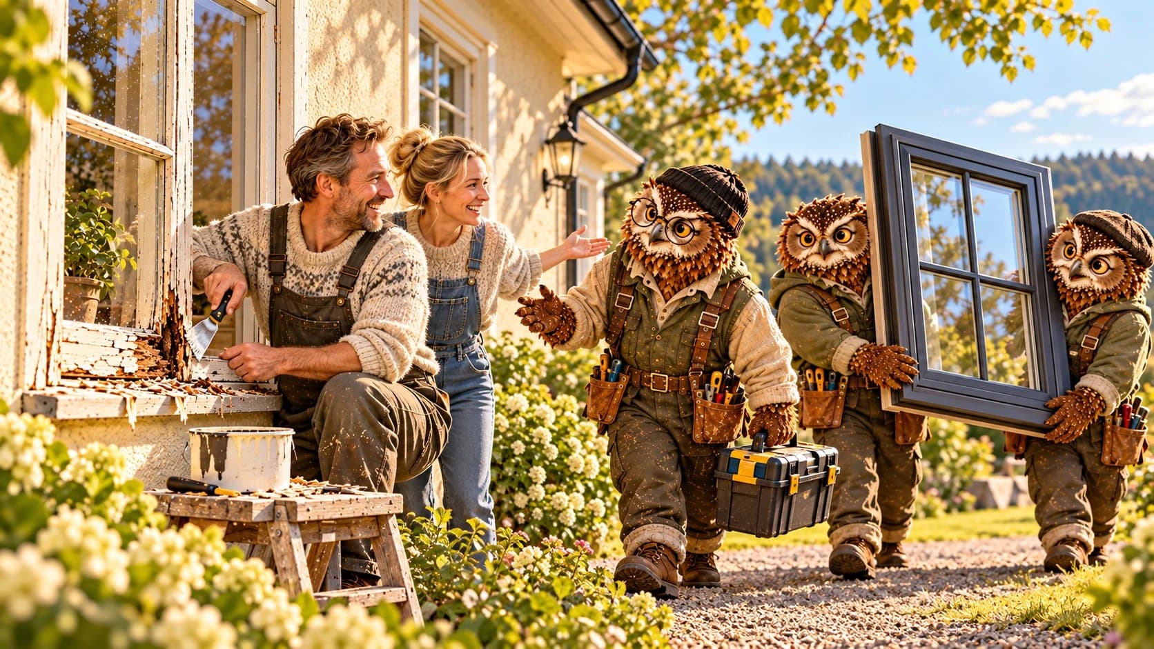 Herr och fru Karlsson vid ett gammalt fönster med rötskadad bröstning vinkar glatt in monteringsugglorna som bär fram ett nytt fönster